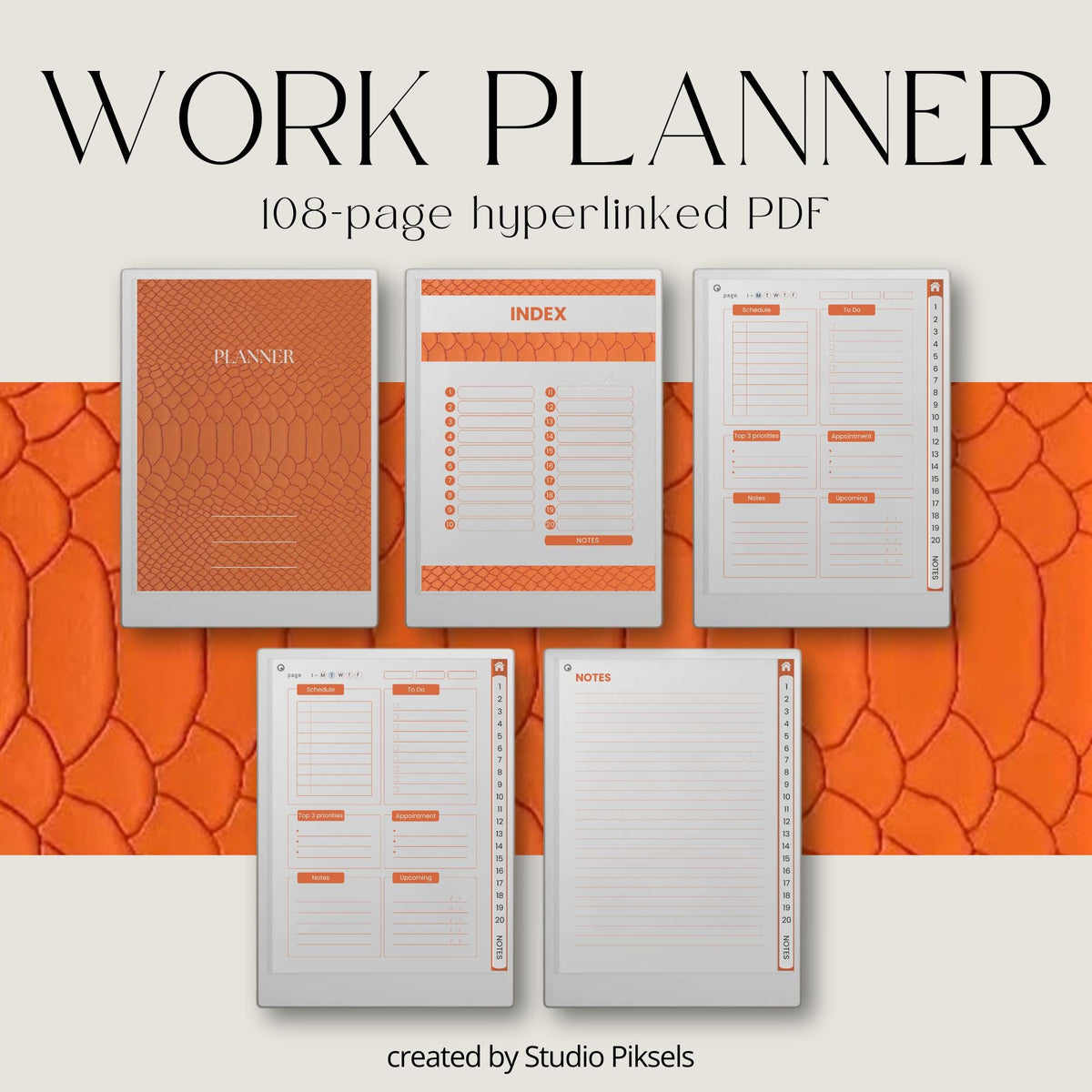 Hyperlinked work planner for reMarkable Paper Pro featuring daily task planning pages, project management layouts, business organization tools, and reusable digital productivity templates.