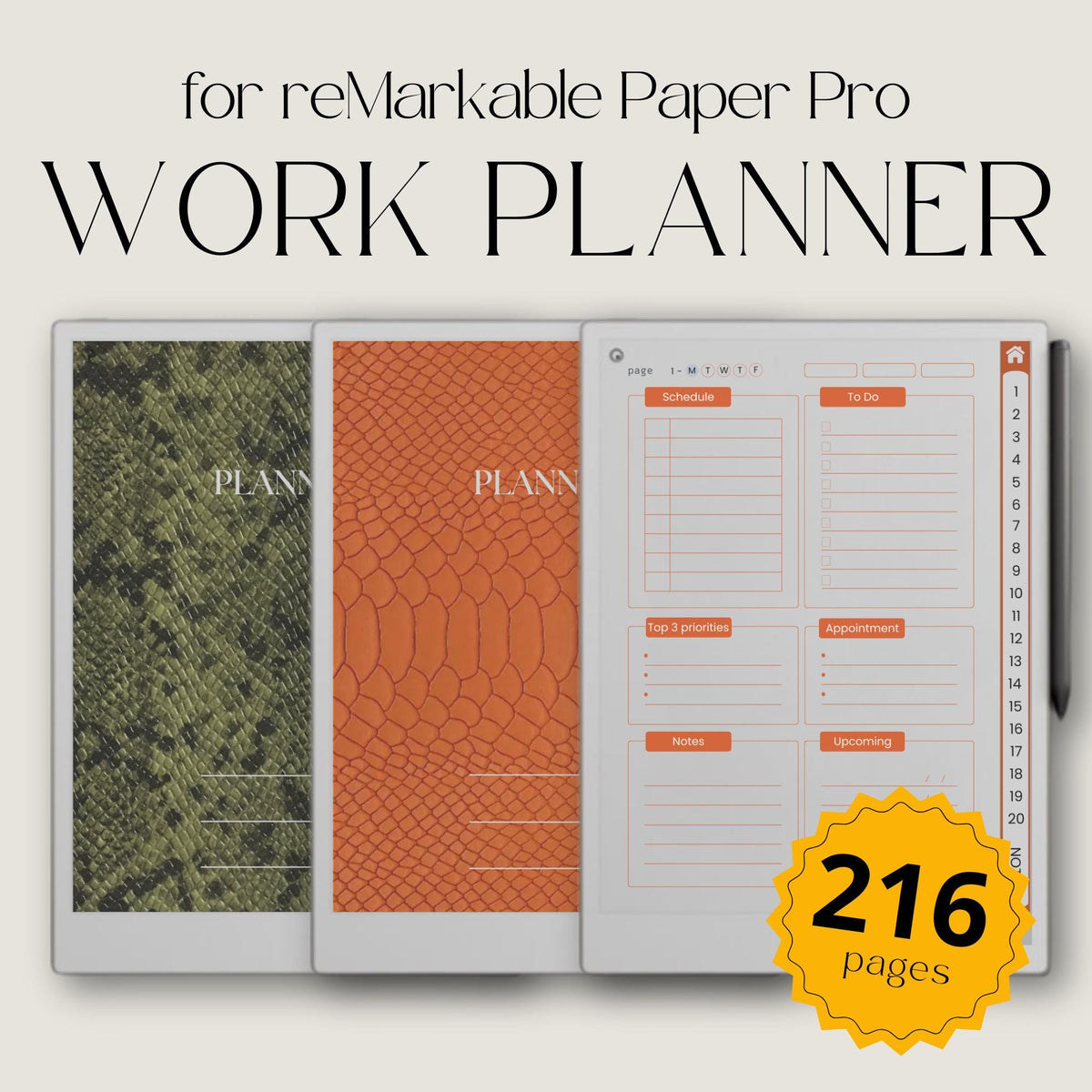 Hyperlinked work planner for reMarkable Paper Pro featuring daily task planning pages, project management layouts, business organization tools, and reusable digital productivity templates.