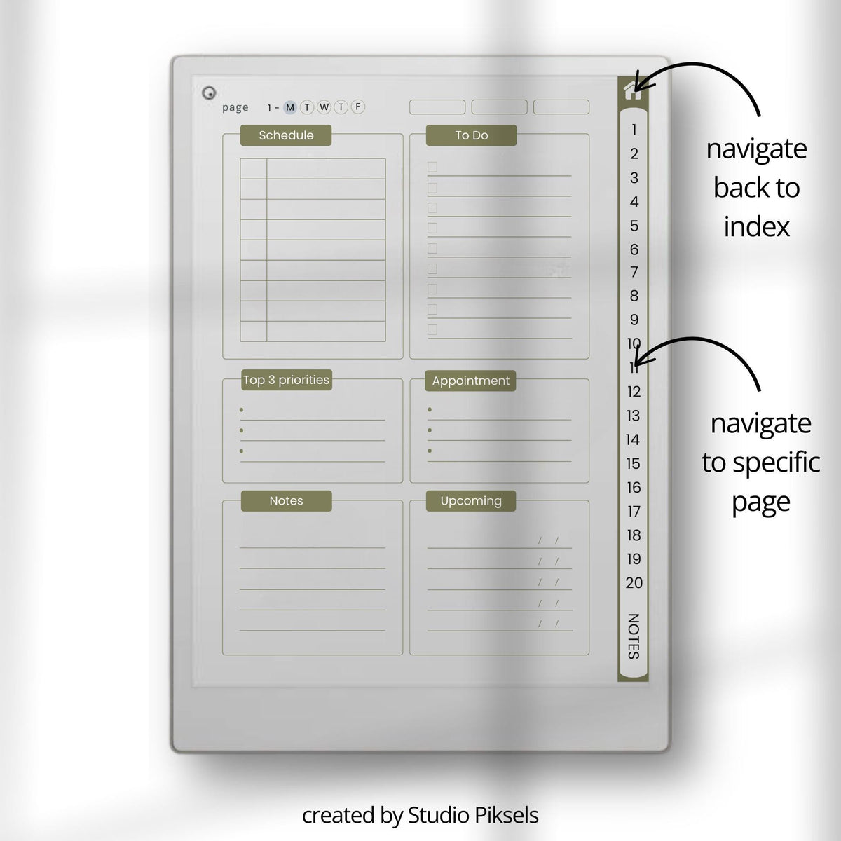 Hyperlinked work planner for reMarkable Paper Pro featuring daily task planning pages, project management layouts, business organization tools, and reusable digital productivity templates.