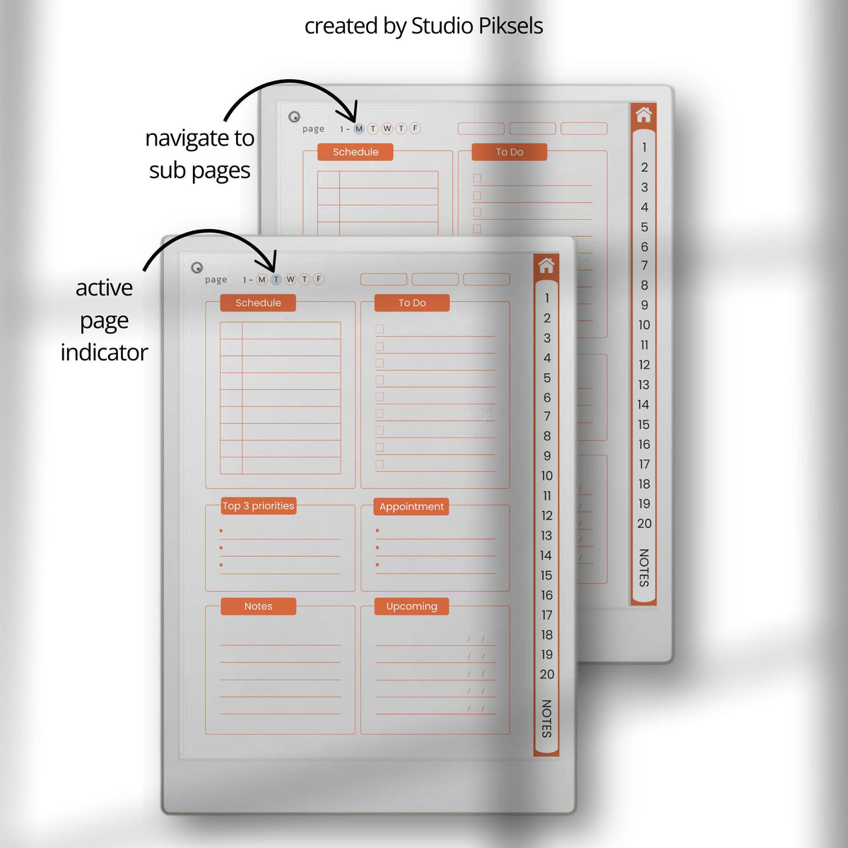 Hyperlinked work planner for reMarkable Paper Pro featuring daily task planning pages, project management layouts, business organization tools, and reusable digital productivity templates.