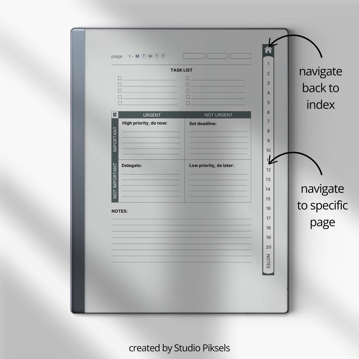 Work Planner Bundle PDF for reMarkable 2 and Paper Pure with grayscale productivity layouts, hyperlinked task planners, and workflow organization pages