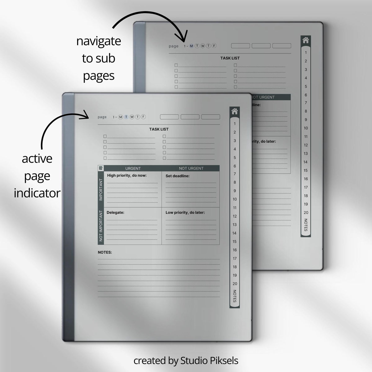 Work Planner Bundle PDF for reMarkable 2 and Paper Pure with grayscale productivity layouts, hyperlinked task planners, and workflow organization pages