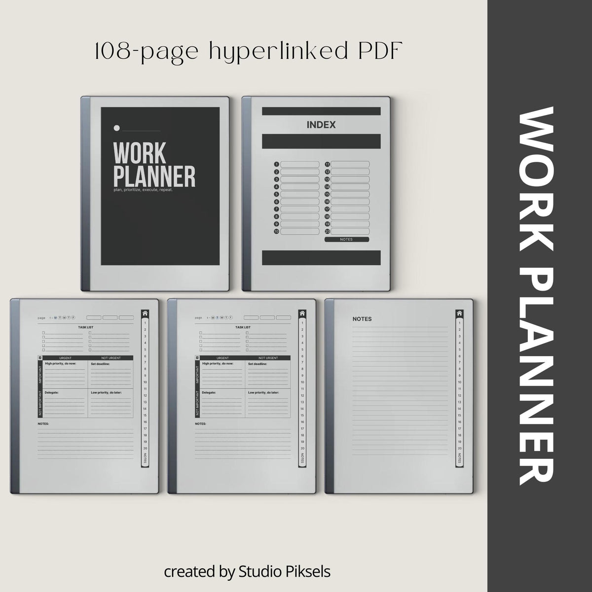 Work Planner Bundle PDF for reMarkable 2 and Paper Pure with grayscale productivity layouts, hyperlinked task planners, and workflow organization pages
