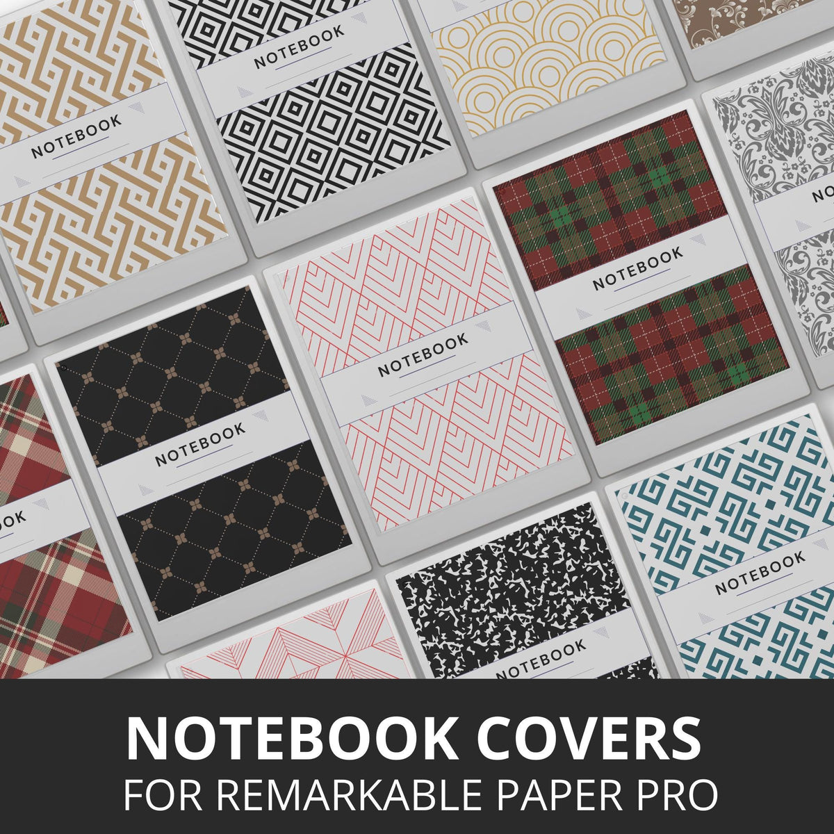 Patterned notebook cover bundle for the reMarkable Paper Pro featuring 12 geometric, plaid, and damask digital covers, minimalist designs, and library organization styles.