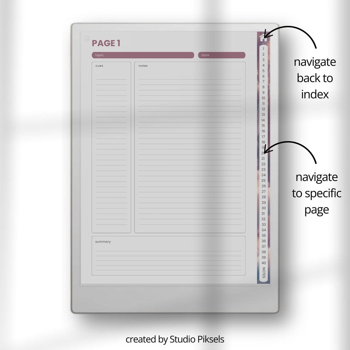 Cornell Notebook Bundle for reMarkable tablets with hyperlinked Cornell notes pages, cloud-themed digital notebooks, structured study layouts, lined note pages, and organized note-taking templates for learning and productivity.