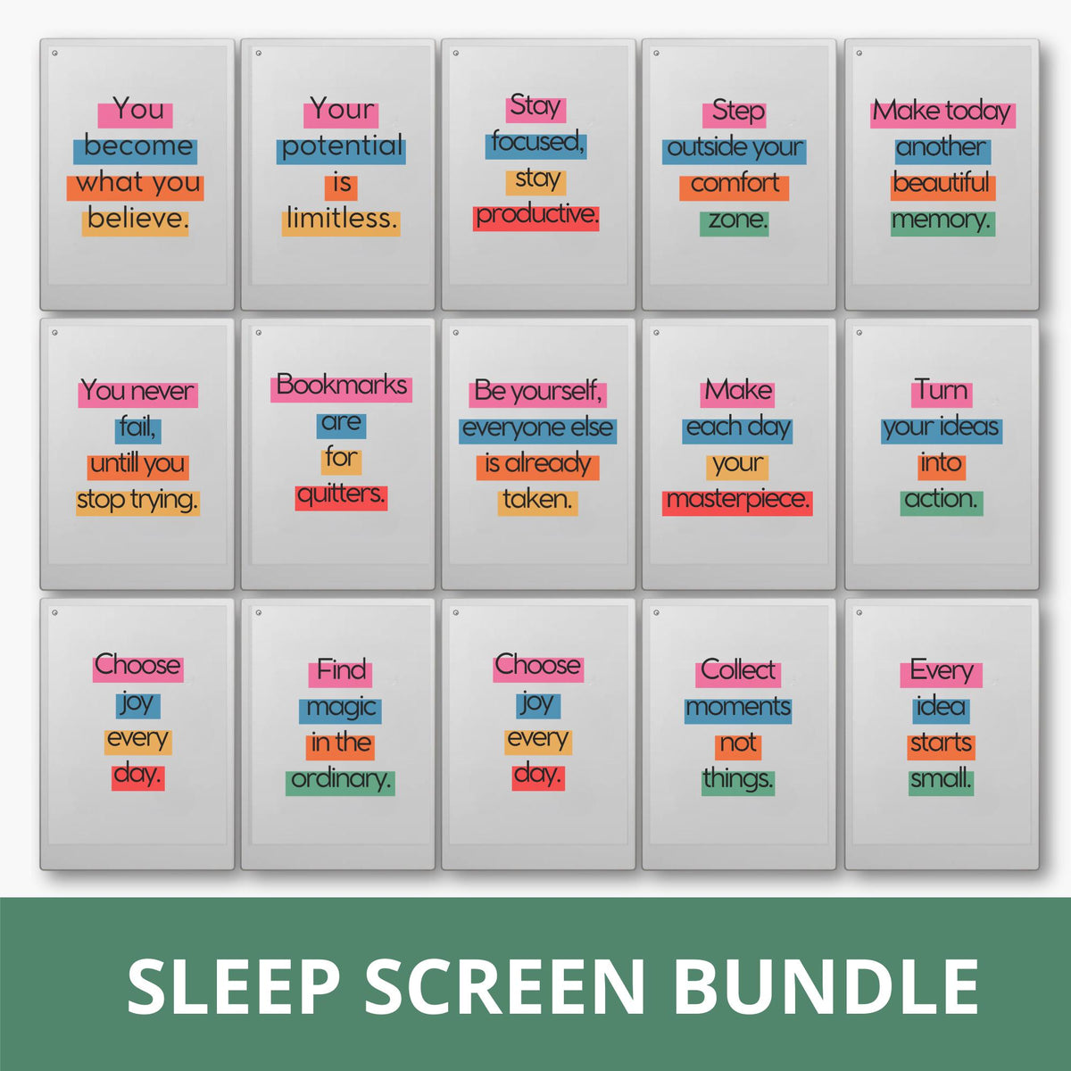 Motivational Sleep Screen Bundle for reMarkable Paper Pro with 20 inspirational quote wallpapers, bold typography designs, colorful digital sleep screens, and high-resolution PNG artwork for E Ink tablets.