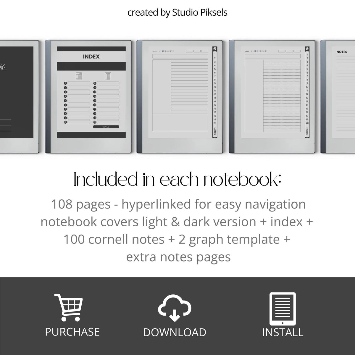 Cornell Notebook Bundle for reMarkable featuring six hyperlinked digital notebooks with Cornell notes pages, planning templates, lined notes pages, and minimalist grayscale covers