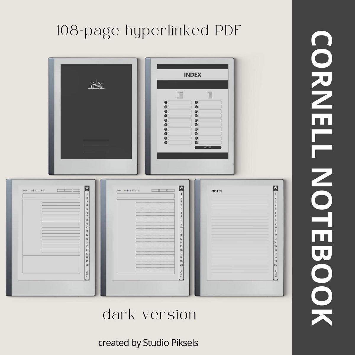 Cornell Notebook Bundle for reMarkable featuring six hyperlinked digital notebooks with Cornell notes pages, planning templates, lined notes pages, and minimalist grayscale covers