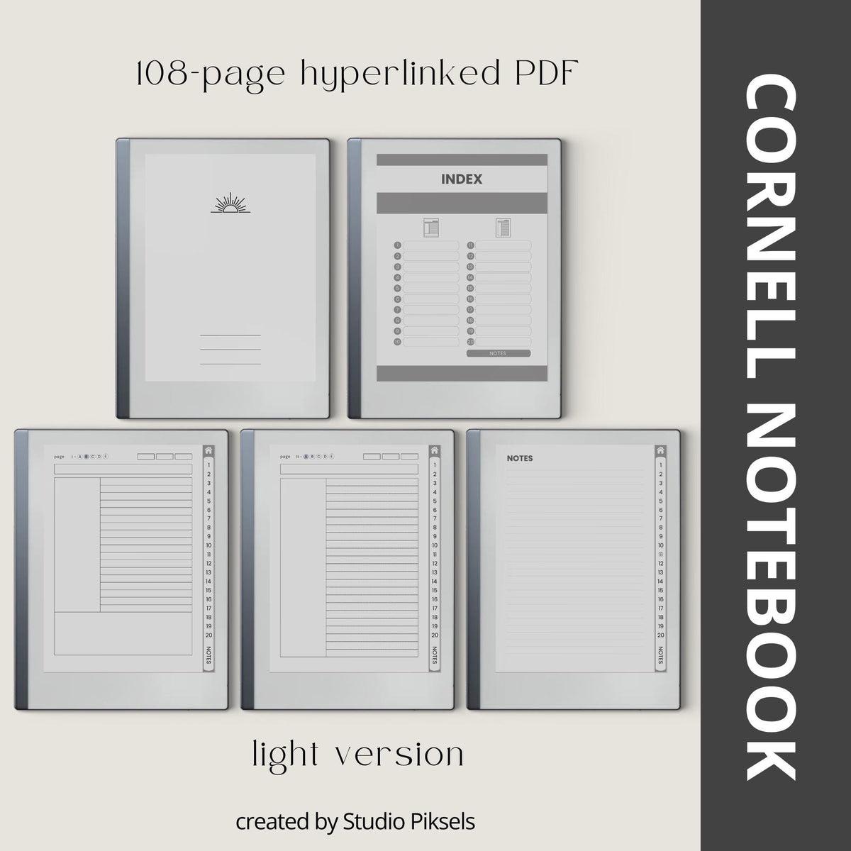 Cornell Notebook Bundle for reMarkable featuring six hyperlinked digital notebooks with Cornell notes pages, planning templates, lined notes pages, and minimalist grayscale covers
