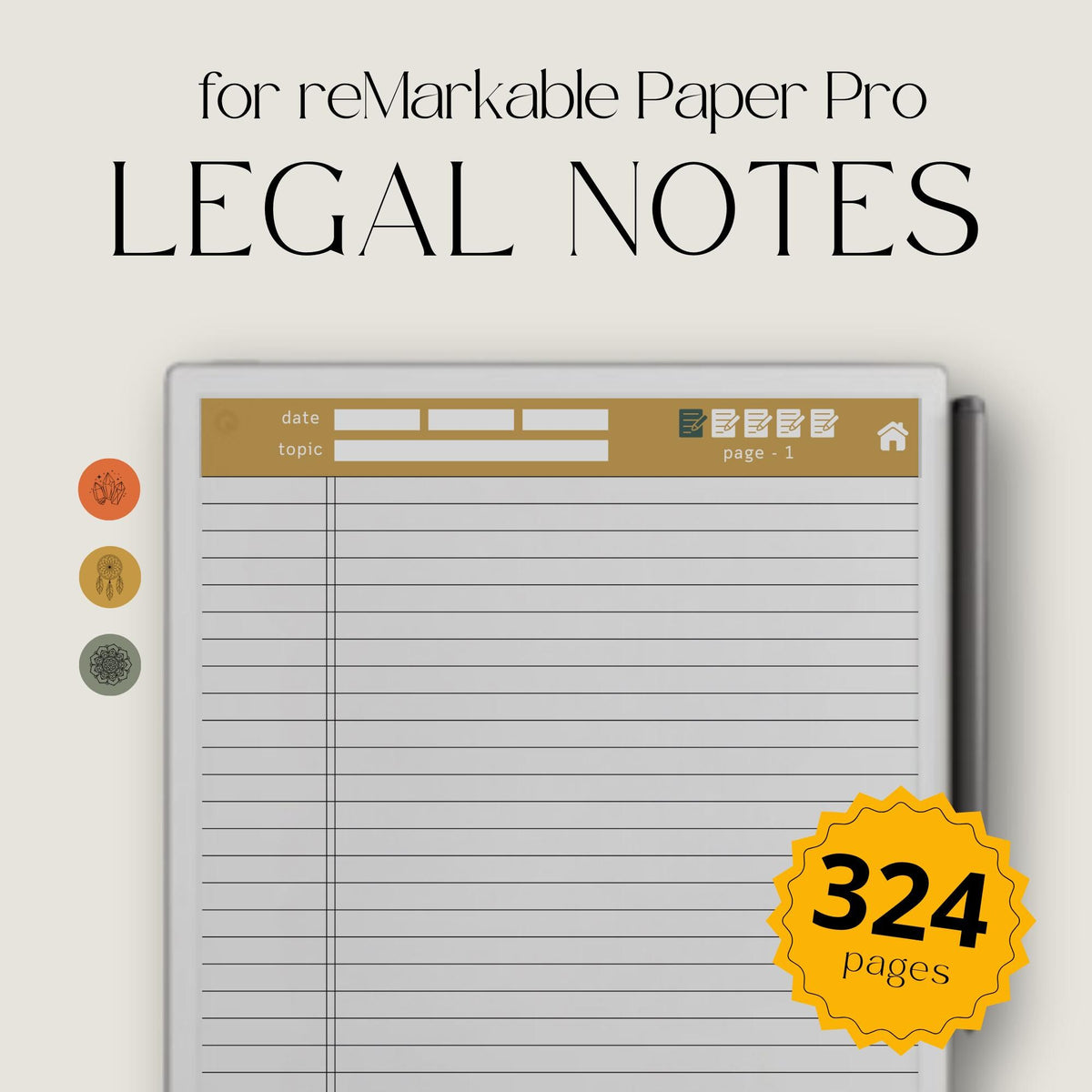 Hyperlinked Legal Pad Notebook Bundle for reMarkable Paper Pro with three digital legal notebooks, interactive index and sub-index navigation, legal-style lined note pages, date and topic fields, coordinated color themes, and structured note-taking templates for meetings, research, project planning, journaling, brainstorming, and everyday organization.