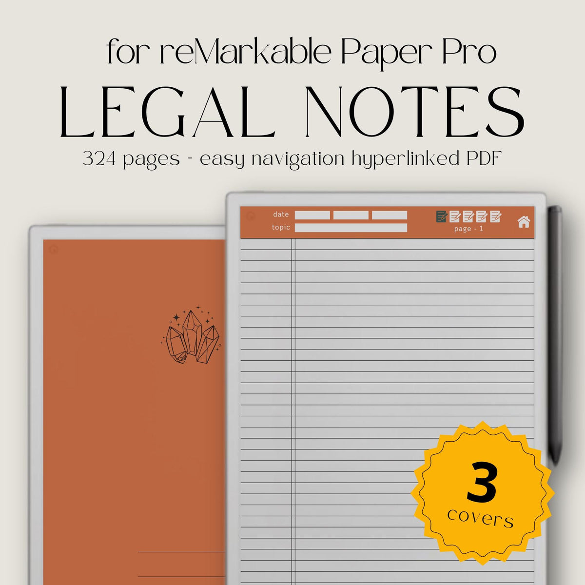 Hyperlinked Legal Pad Notebook Bundle for reMarkable Paper Pro with three digital legal notebooks, interactive index and sub-index navigation, legal-style lined note pages, date and topic fields, coordinated color themes, and structured note-taking templates for meetings, research, project planning, journaling, brainstorming, and everyday organization.
