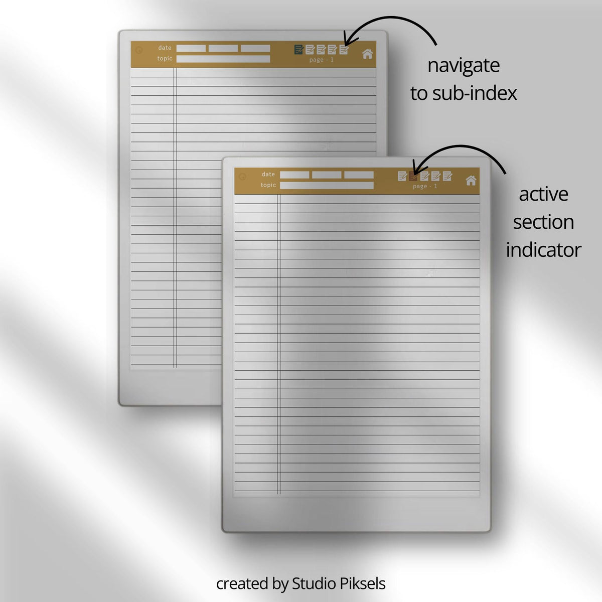 Hyperlinked Legal Pad Notebook Bundle for reMarkable Paper Pro with three digital legal notebooks, interactive index and sub-index navigation, legal-style lined note pages, date and topic fields, coordinated color themes, and structured note-taking templates for meetings, research, project planning, journaling, brainstorming, and everyday organization.