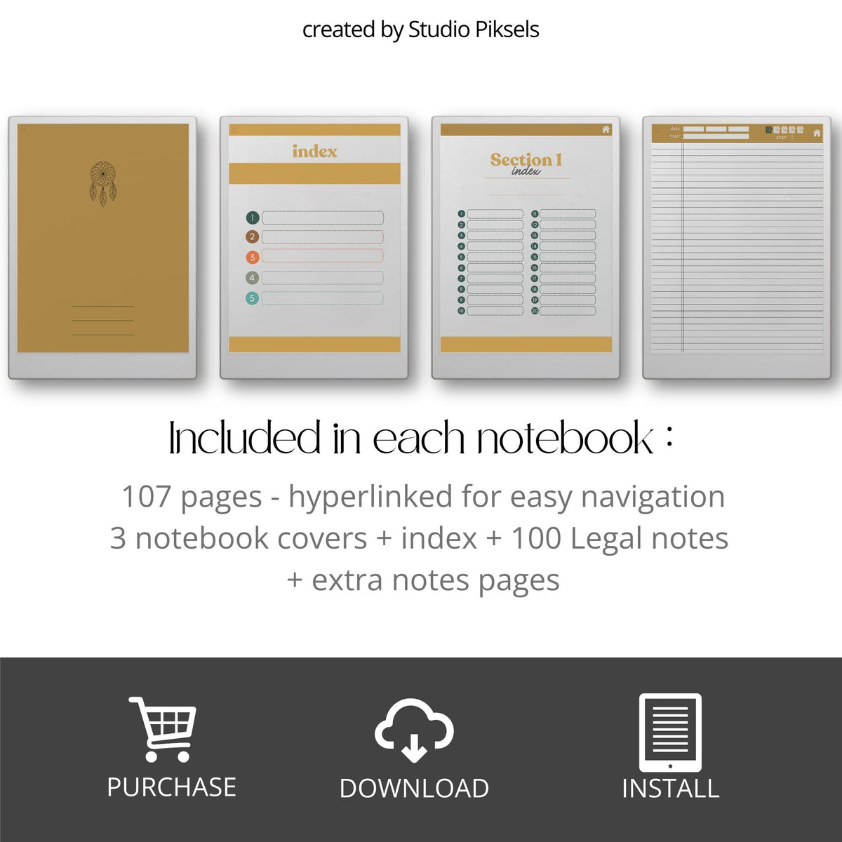 Hyperlinked Legal Pad Notebook Bundle for reMarkable Paper Pro with three digital legal notebooks, interactive index and sub-index navigation, legal-style lined note pages, date and topic fields, coordinated color themes, and structured note-taking templates for meetings, research, project planning, journaling, brainstorming, and everyday organization.