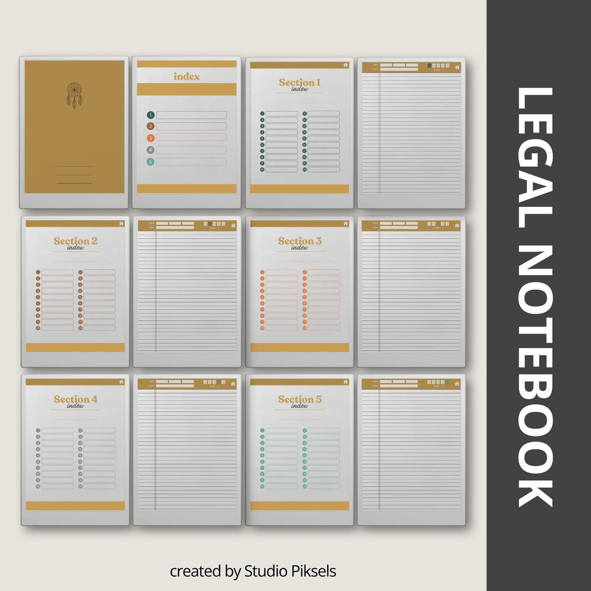 Hyperlinked Legal Pad Notebook Bundle for reMarkable Paper Pro with three digital legal notebooks, interactive index and sub-index navigation, legal-style lined note pages, date and topic fields, coordinated color themes, and structured note-taking templates for meetings, research, project planning, journaling, brainstorming, and everyday organization.