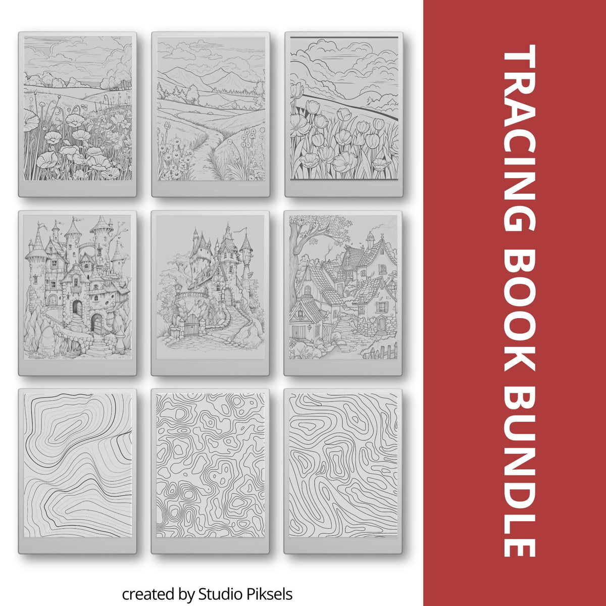 Floral, Mandala, Magical & Abstract Tracing Book Bundle for reMarkable Paper Pro featuring 237 tracing pages with floral alphabet, mandala, magical, flower, and abstract pattern tracing designs for mindful digital drawing and creative practice.