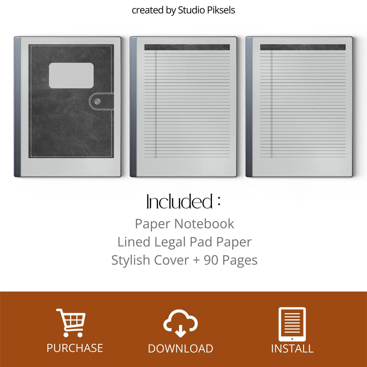 Legal Pad Notebook for reMarkable Paper Pure and reMarkable 2 with leather-style cover and lined legal pad layouts