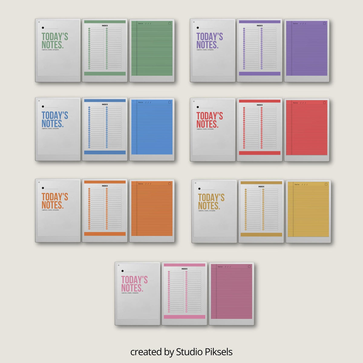 Legal Pad Notebook Bundle for reMarkable Paper Pro with seven color-coded hyperlinked notebooks, classic legal pad note pages, interactive indexes, lined writing templates, and reusable digital notebooks for organized note-taking, project planning, journaling, brainstorming, and meeting notes.