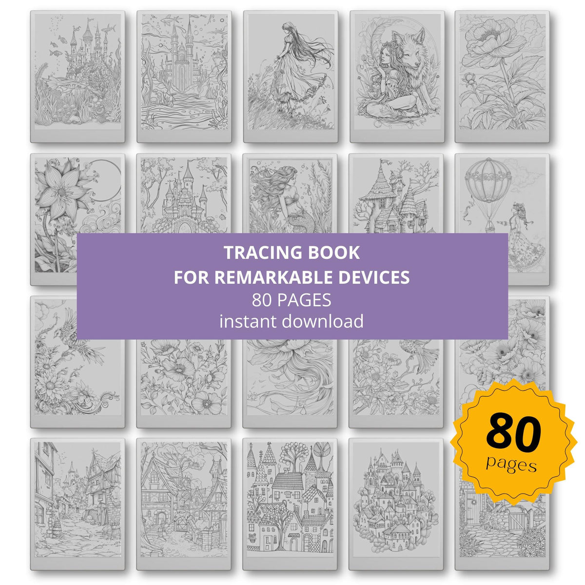 Magical Tracing Book for reMarkable Paper Pro featuring 80 fantasy inspired tracing pages with castles, enchanted landscapes, whimsical scenes, and soft grey line art for mindful digital tracing and creative drawing practice.