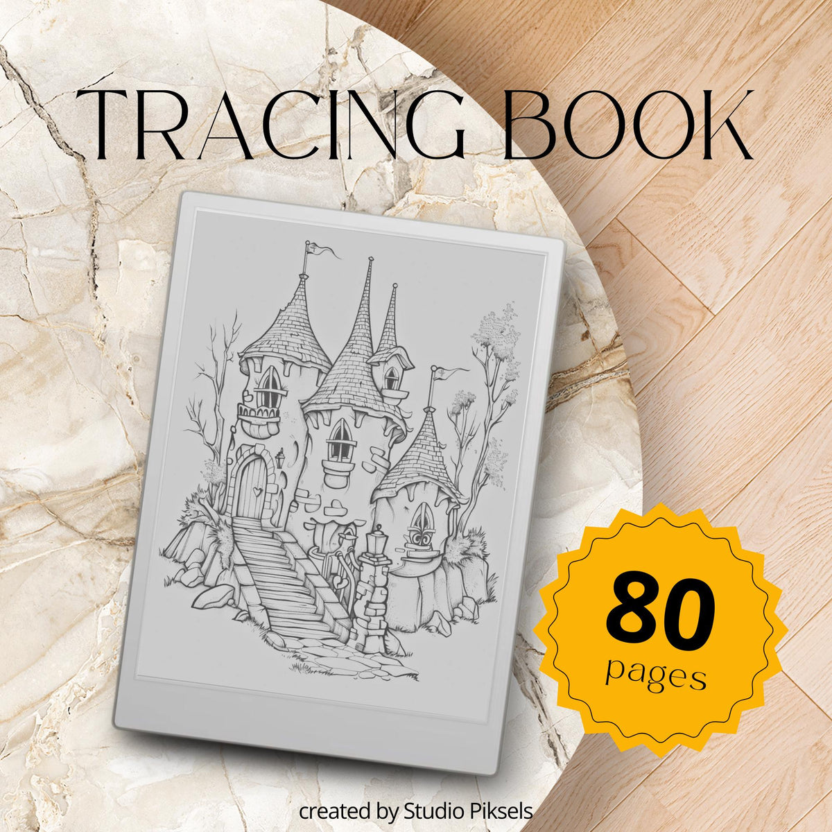 Magical Tracing Book for reMarkable Paper Pro featuring 80 fantasy inspired tracing pages with castles, enchanted landscapes, whimsical scenes, and soft grey line art for mindful digital tracing and creative drawing practice.