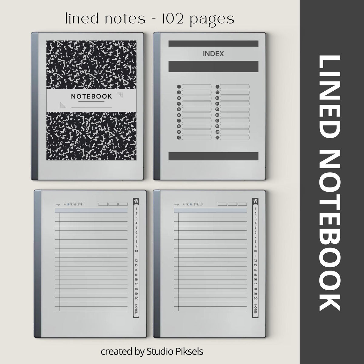 Custom Index Notebook Bundle for reMarkable Paper Pure and reMarkable 2 with hyperlinked lined, grid, dotted, and blank notebooks