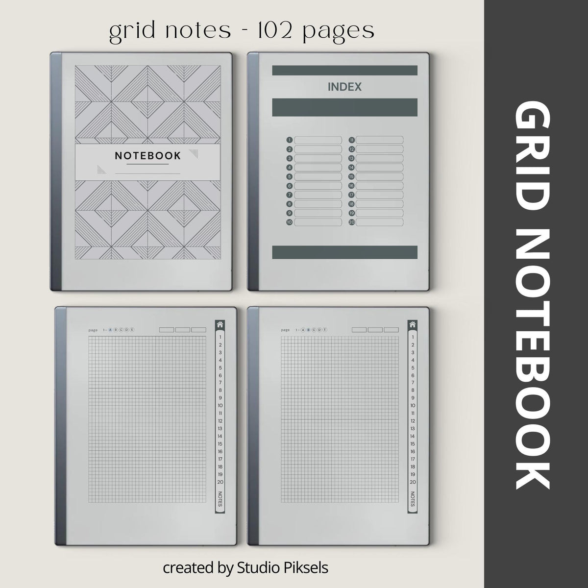 Custom Index Notebook Bundle for reMarkable 2 and reMarkable Paper Pure featuring 408 hyperlinked notebook pages with lined, grid, dotted, and blank layouts in a minimalist grayscale design