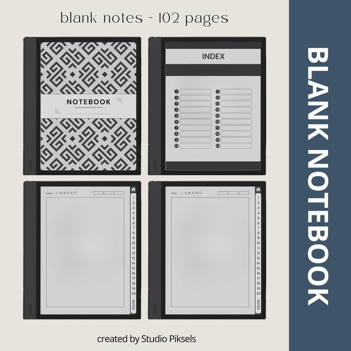 4-in-1 Custom Index Notebooks for BOOX with hyperlinked lined, grid, dotted, and blank digital notebooks for organized note-taking.