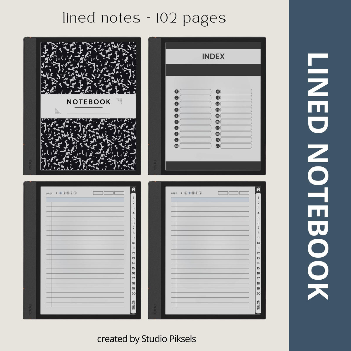4-in-1 Custom Index Notebooks for BOOX with hyperlinked lined, grid, dotted, and blank digital notebooks for organized note-taking.
