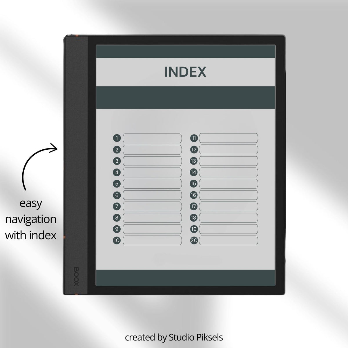 4-in-1 Custom Index Notebooks for BOOX with hyperlinked lined, grid, dotted, and blank digital notebooks for organized note-taking.