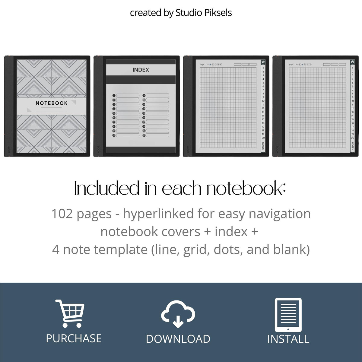 4-in-1 Custom Index Notebooks for BOOX with hyperlinked lined, grid, dotted, and blank digital notebooks for organized note-taking.
