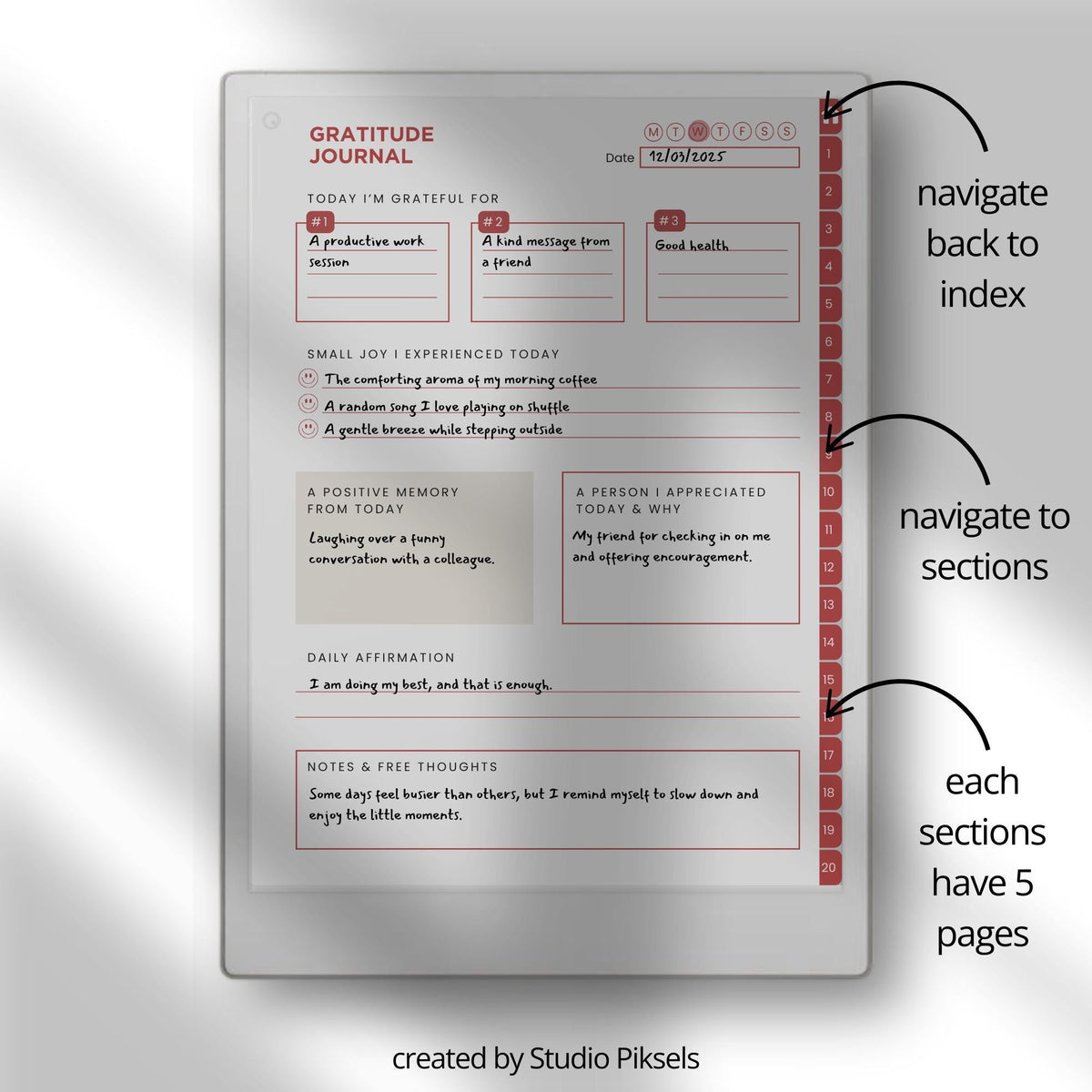 Hyperlinked Gratitude Journal Bundle for reMarkable Paper Pro with daily gratitude prompts, affirmation pages, reflection layouts, customizable indexes, and reusable digital journaling pages.