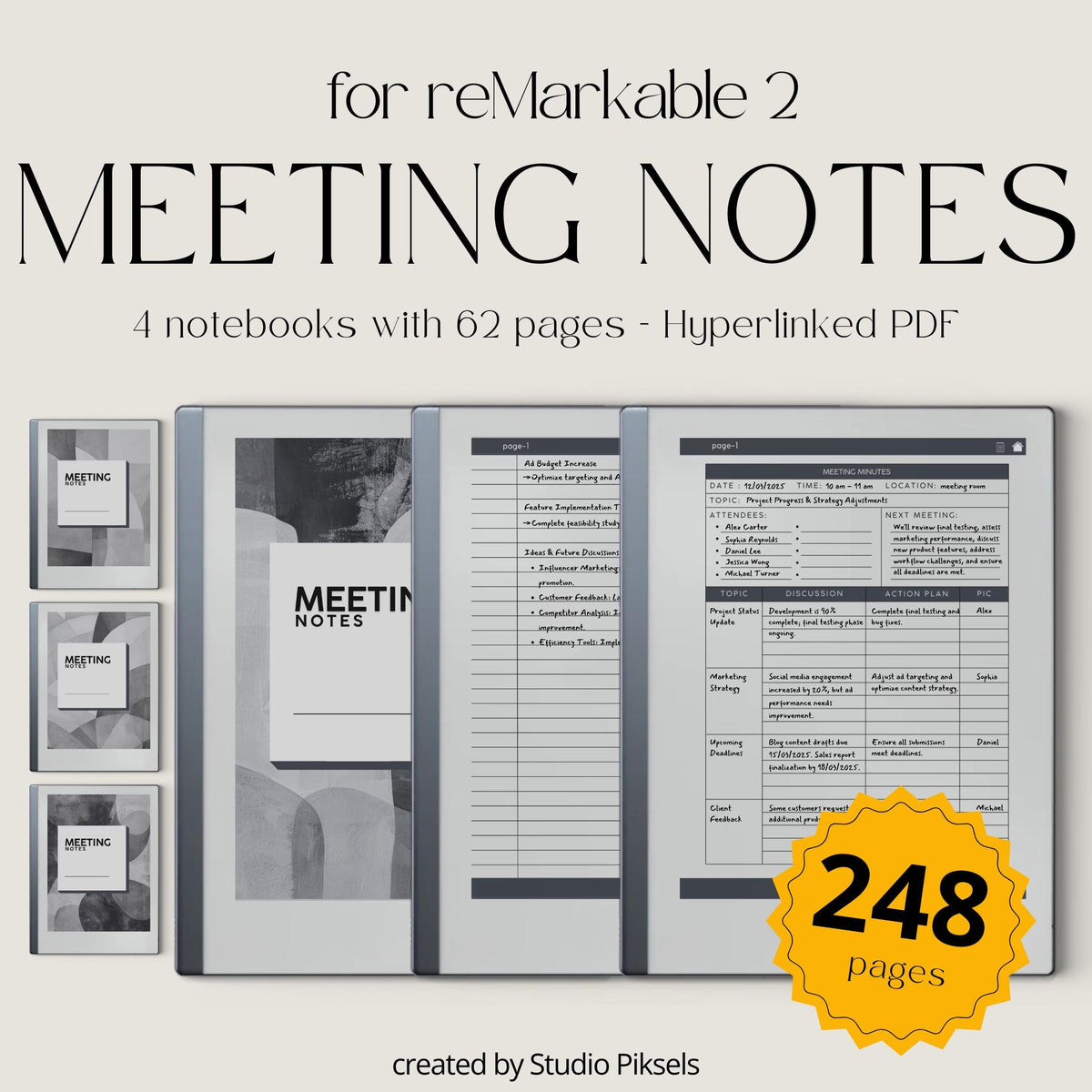 Meeting Minutes Notebook Bundle PDF for reMarkable 2 and Paper Pure with grayscale meeting templates, hyperlinked navigation, and structured note pages