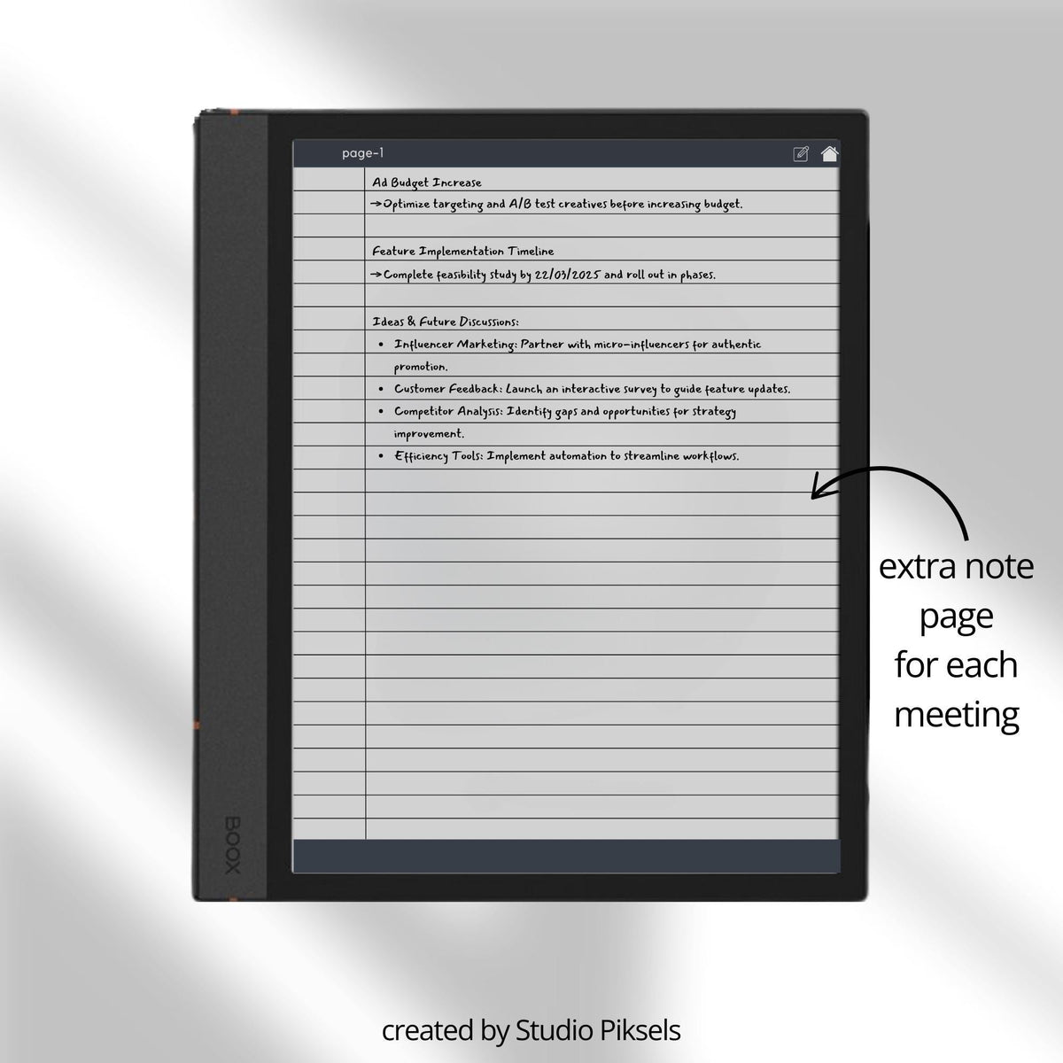 Meeting Minutes Notebook Bundle for BOOX with hyperlinked meeting note pages, customizable indexes, and professional grayscale layouts.