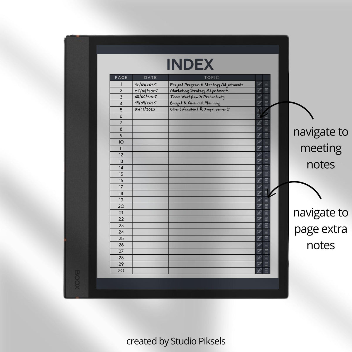 Meeting Minutes Notebook Bundle for BOOX with hyperlinked meeting note pages, customizable indexes, and professional grayscale layouts.