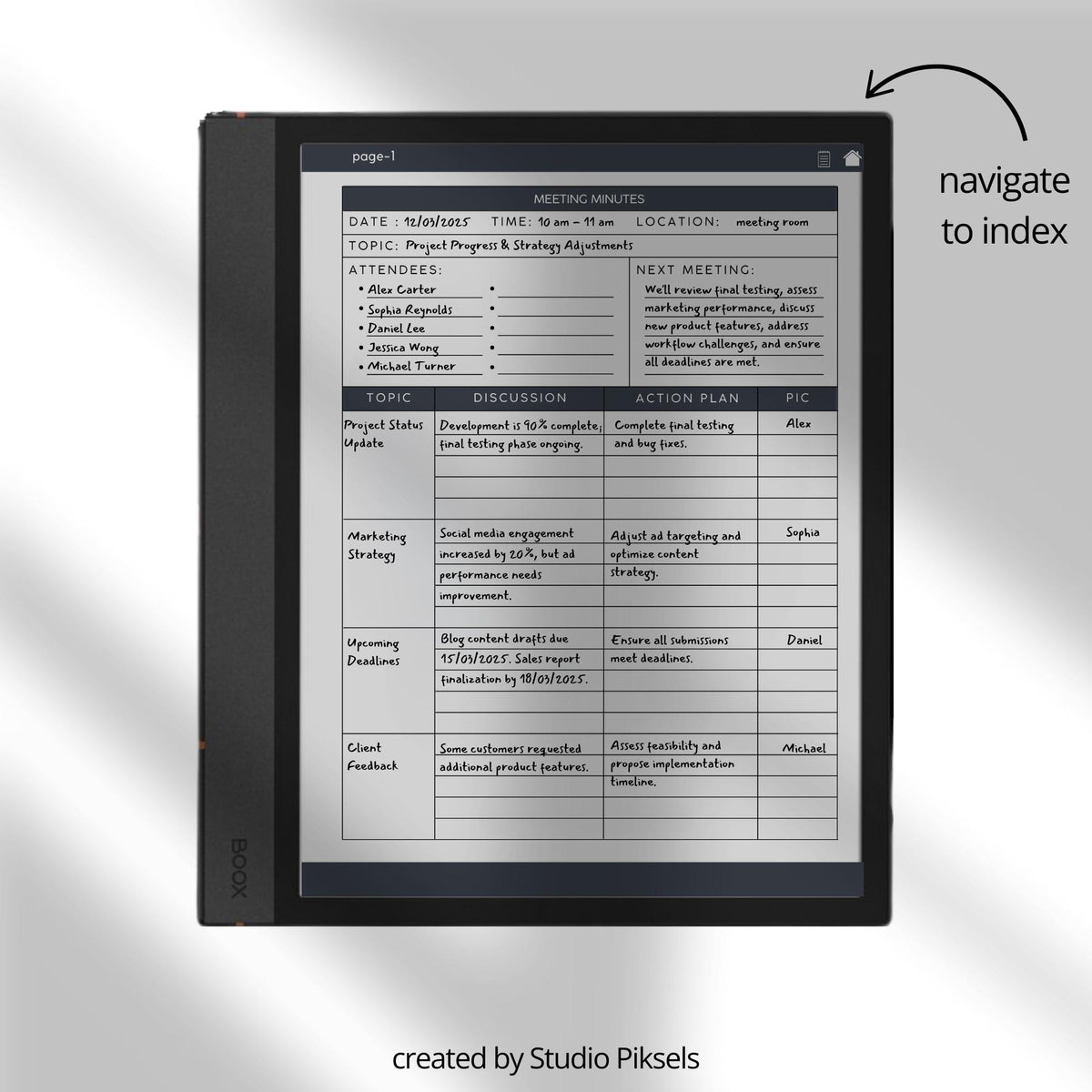 Meeting Minutes Notebook Bundle for BOOX with hyperlinked meeting note pages, customizable indexes, and professional grayscale layouts.