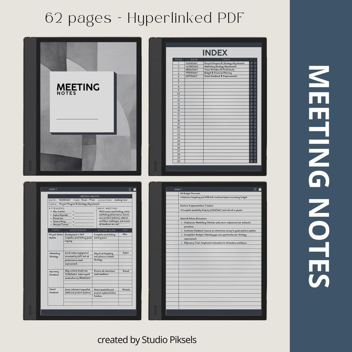 Meeting Minutes Notebook Bundle for BOOX with hyperlinked meeting note pages, customizable indexes, and professional grayscale layouts.