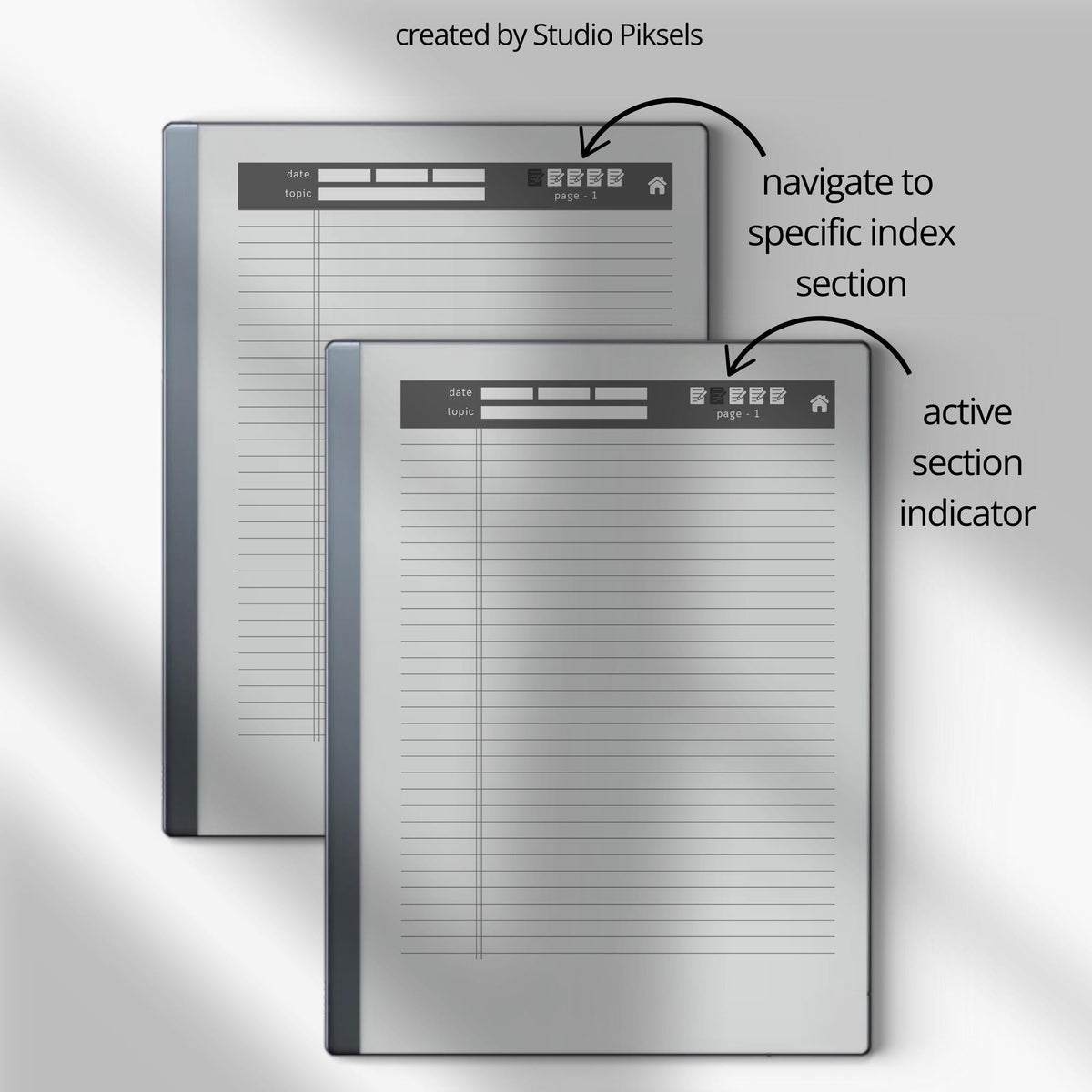 Legal Pad Notebook Bundle for reMarkable with hyperlinked index, lined legal pad pages, and light and dark mode notebook designs.