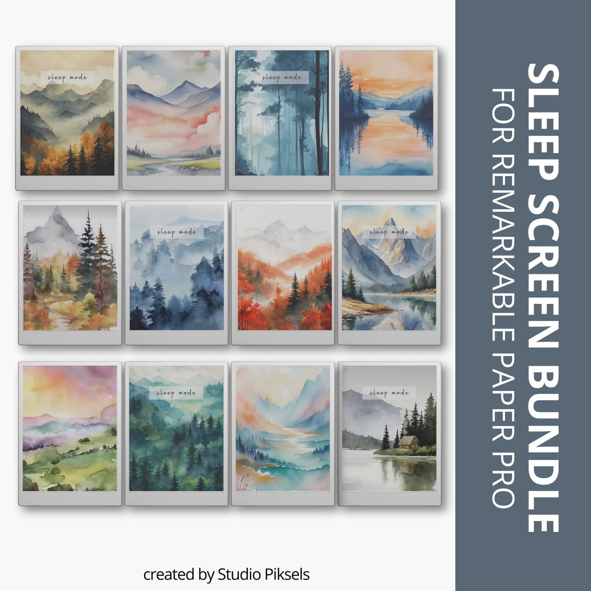  Sleep Screen Bundle for reMarkable Paper Pro. Featuring calming watercolor nature scenes, this collection includes mountain landscapes, quiet lakes, forests, and seasonal scenery designed to create a relaxing screen experience.