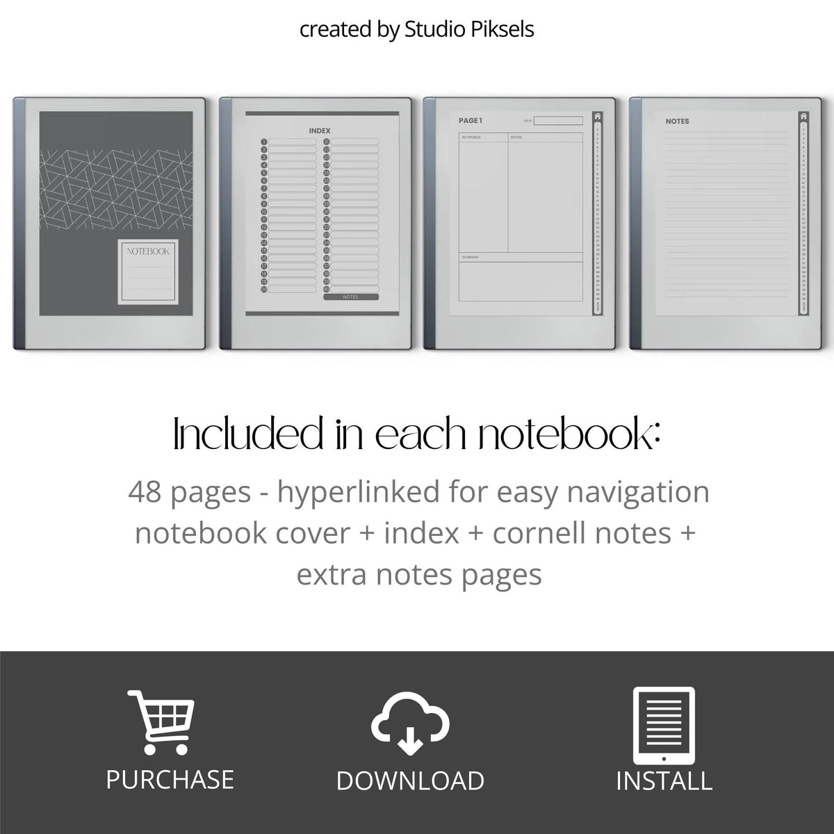 Cornell Notebook Bundle for reMarkable featuring hyperlinked digital notebooks with Cornell note-taking templates, lined notes pages, and organized navigation tabs.
