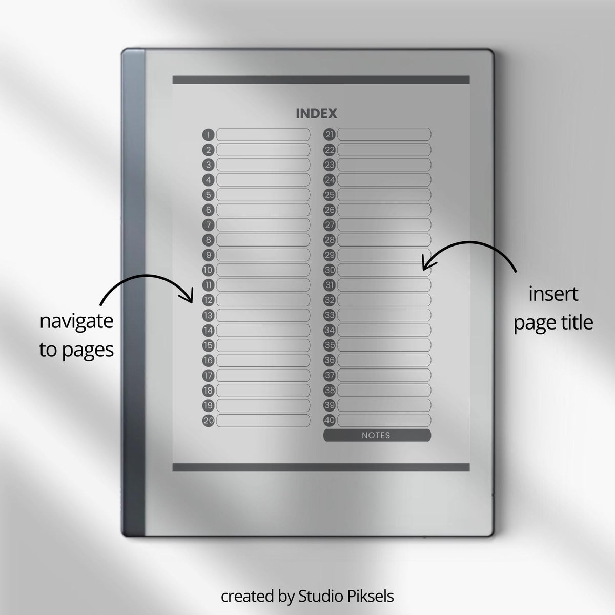 Cornell Notebook Bundle for reMarkable featuring hyperlinked digital notebooks with Cornell note-taking templates, lined notes pages, and organized navigation tabs.