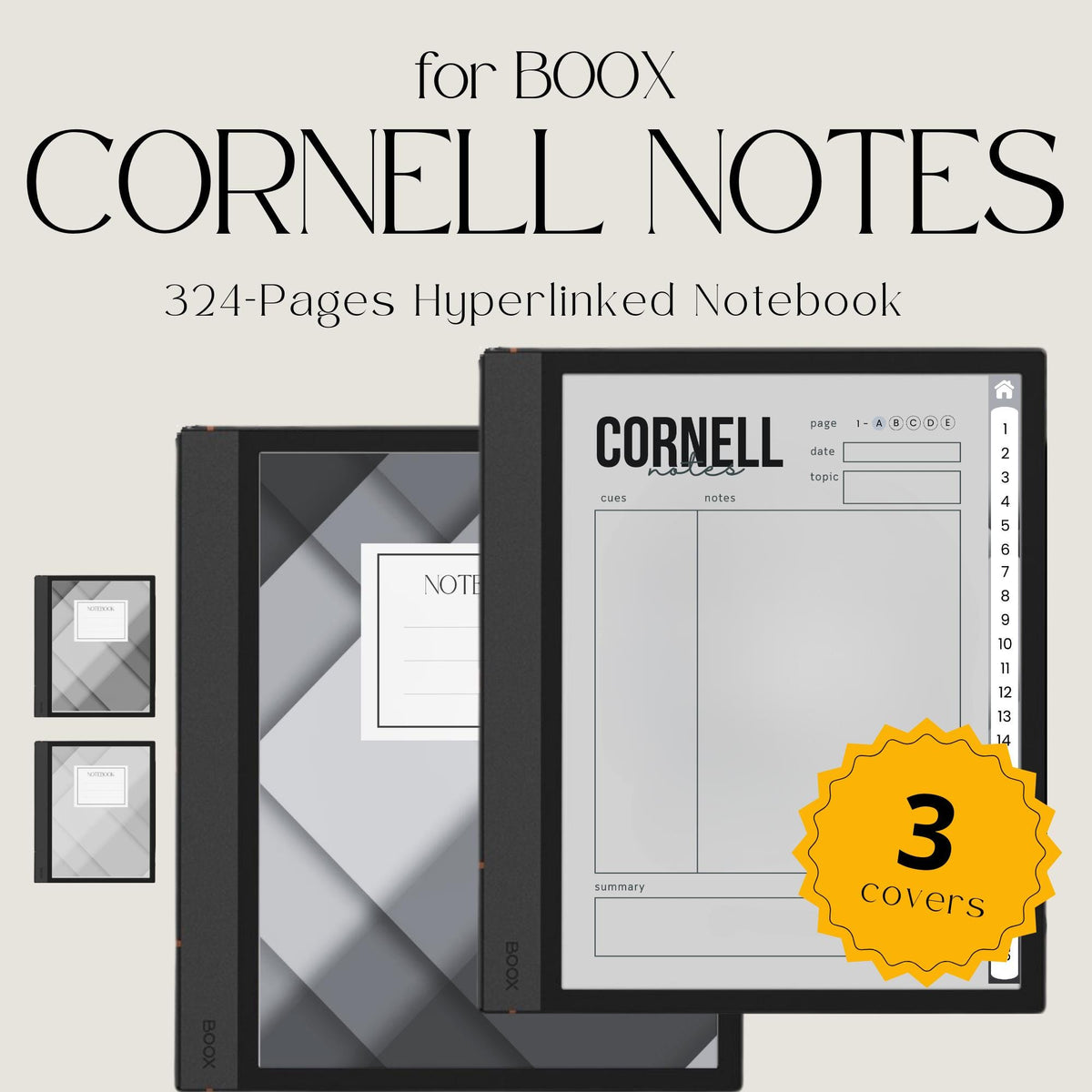 Cornell Notebook Bundle for BOOX with hyperlinked Cornell note pages, grayscale layouts, and digital study notebooks.