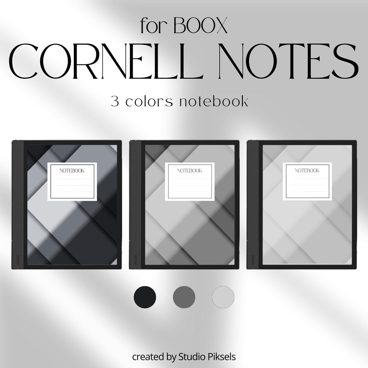 Cornell Notebook Bundle for BOOX with hyperlinked Cornell note pages, grayscale layouts, and digital study notebooks.
