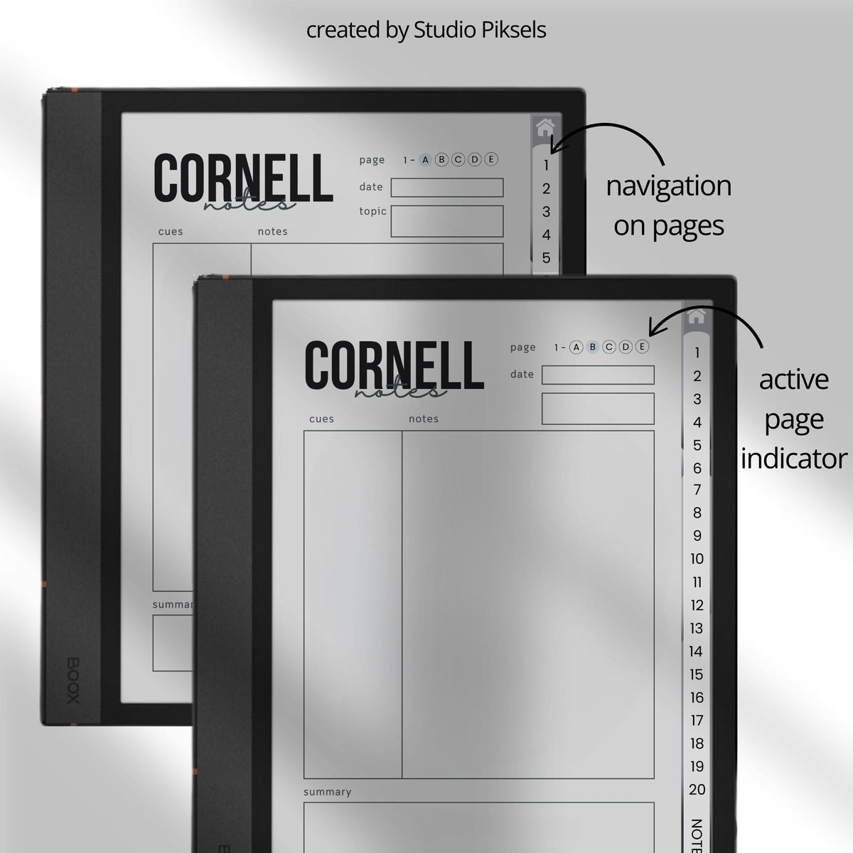 Cornell Notebook Bundle for BOOX with hyperlinked Cornell note pages, grayscale layouts, and digital study notebooks.