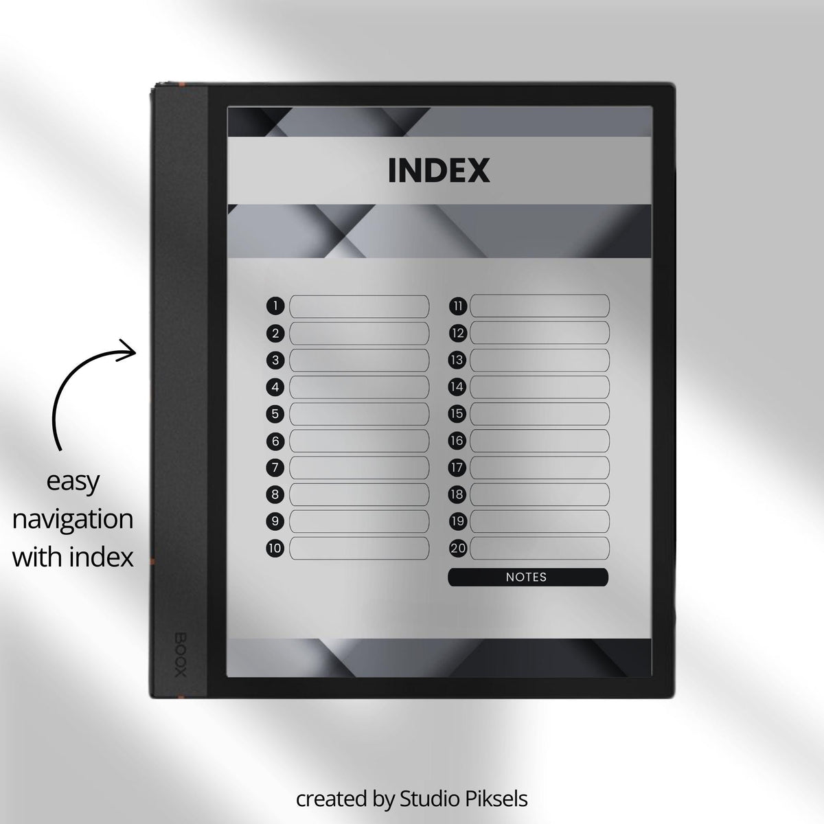 Cornell Notebook Bundle for BOOX with hyperlinked Cornell note pages, grayscale layouts, and digital study notebooks.