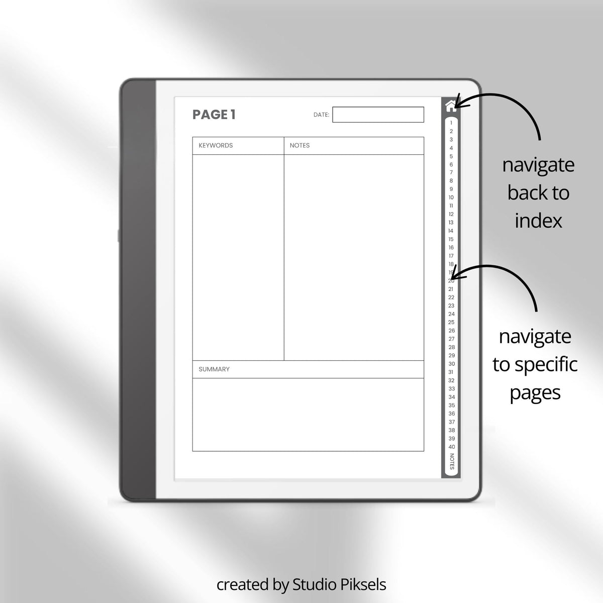 Cornell Notebook Bundle for Kindle Scribe with hyperlinked study notebooks, Cornell note-taking pages, and minimalist digital layouts.