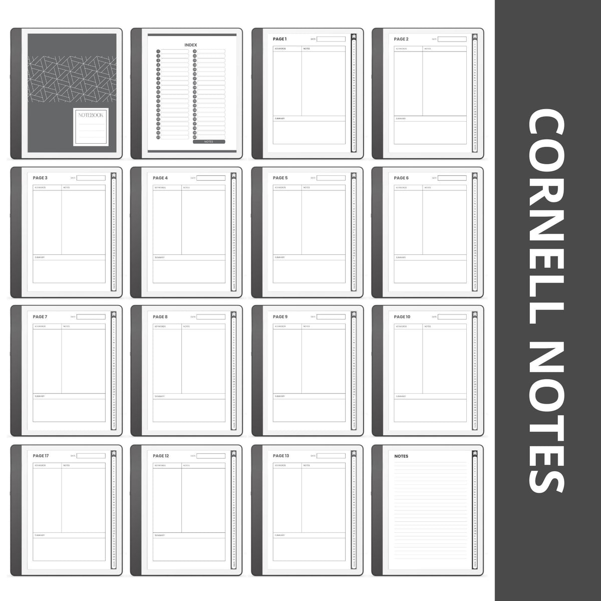 Cornell Notebook Bundle for Kindle Scribe with hyperlinked study notebooks, Cornell note-taking pages, and minimalist digital layouts.