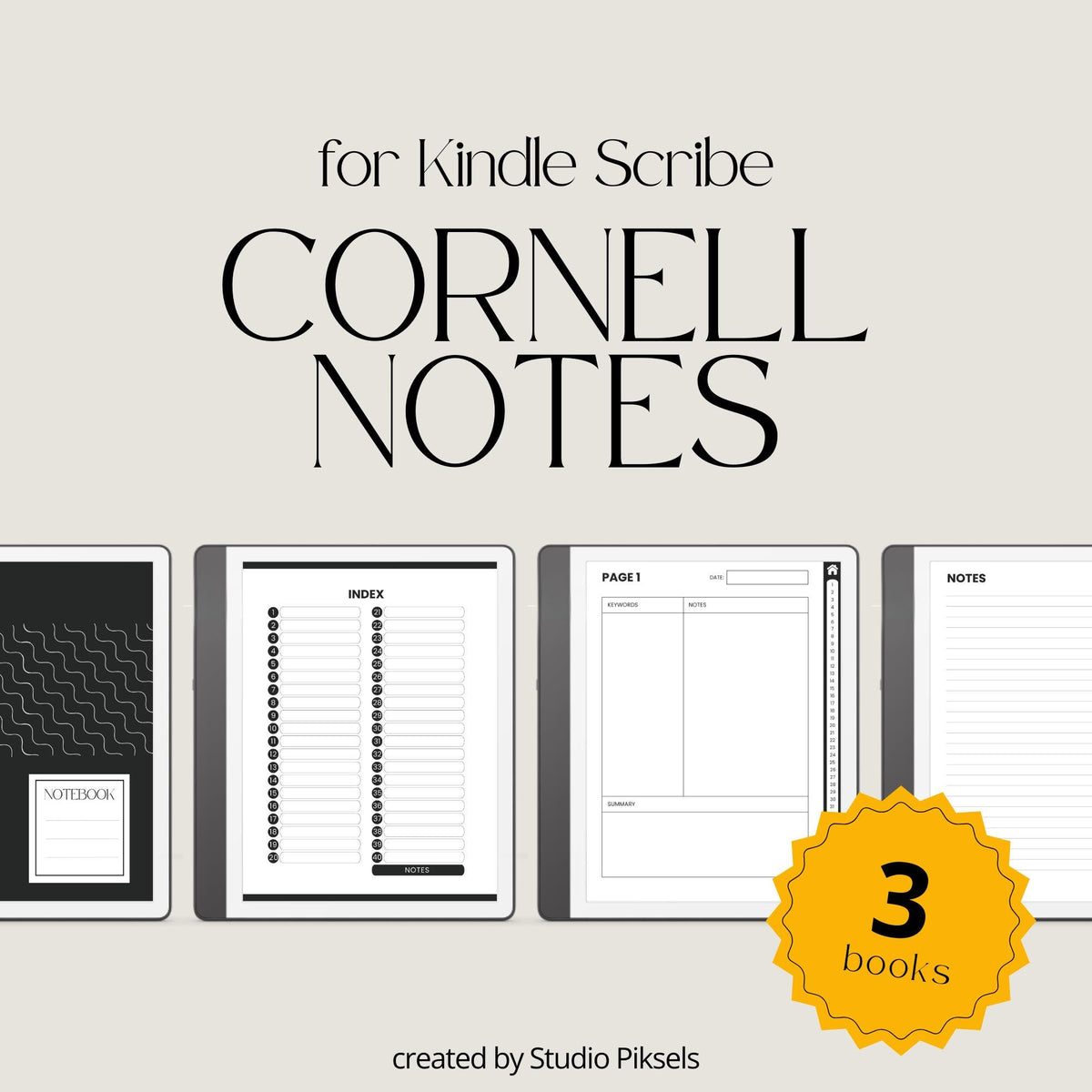 Cornell Notebook Bundle for Kindle Scribe with hyperlinked study notebooks, Cornell note-taking pages, and minimalist digital layouts.
