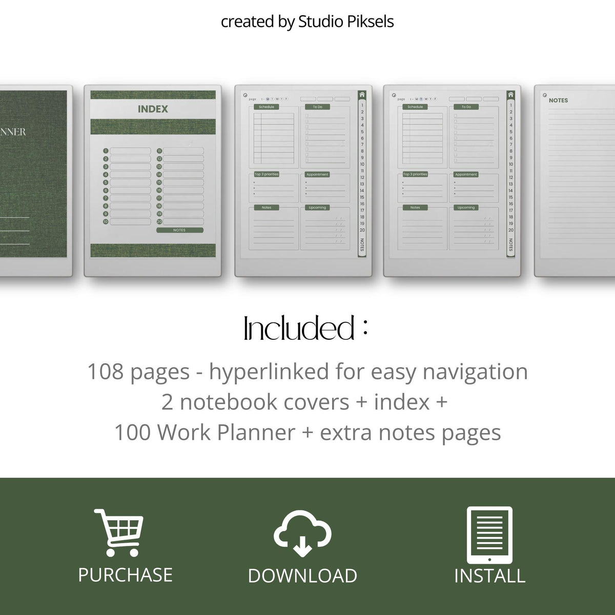 Hyperlinked Work Planner Bundle for reMarkable Paper Pro with daily task planning pages, productivity layouts, interactive navigation links, and minimalist digital business planner notebooks.