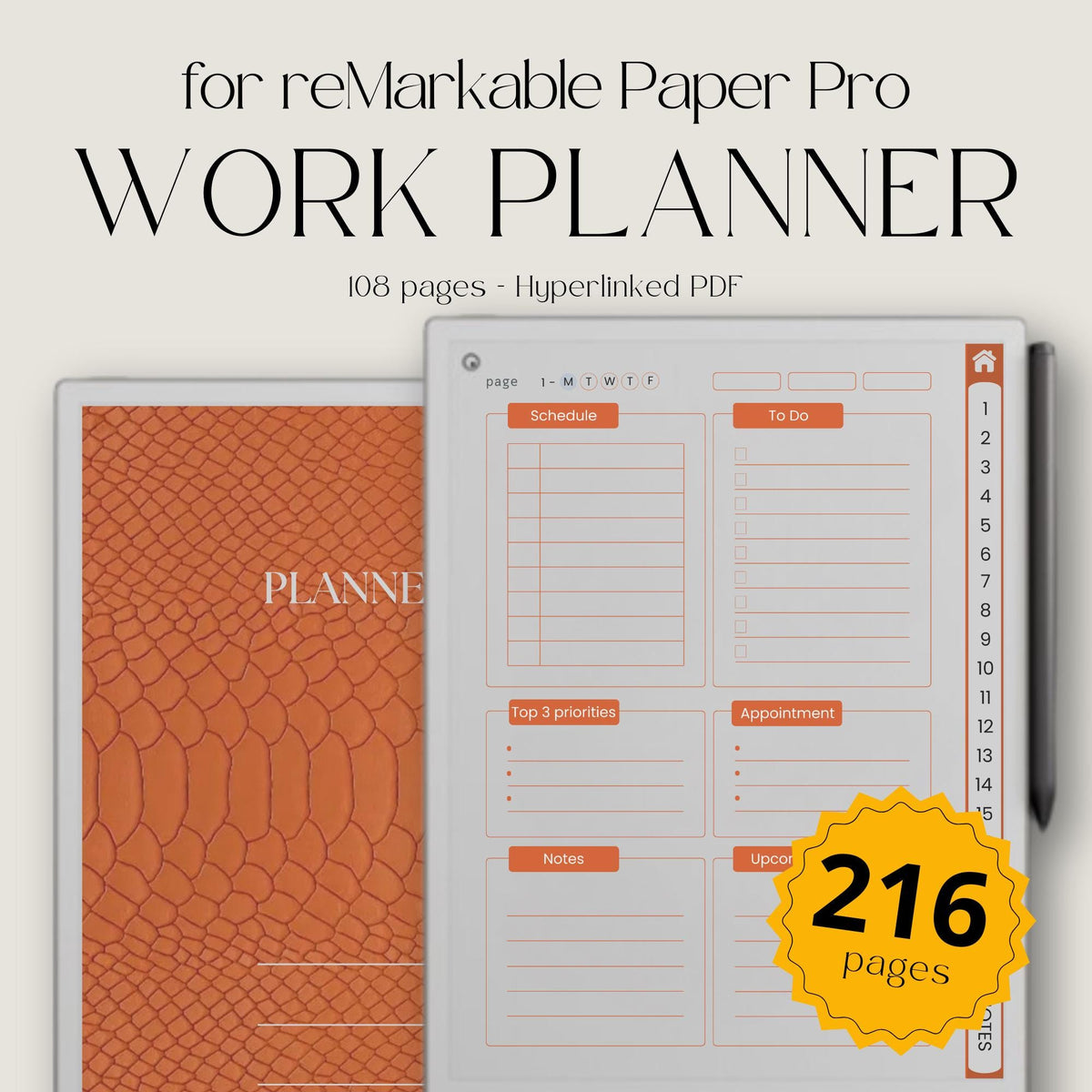Hyperlinked work planner for reMarkable Paper Pro featuring daily task planning pages, project management layouts, business organization tools, and reusable digital productivity templates.