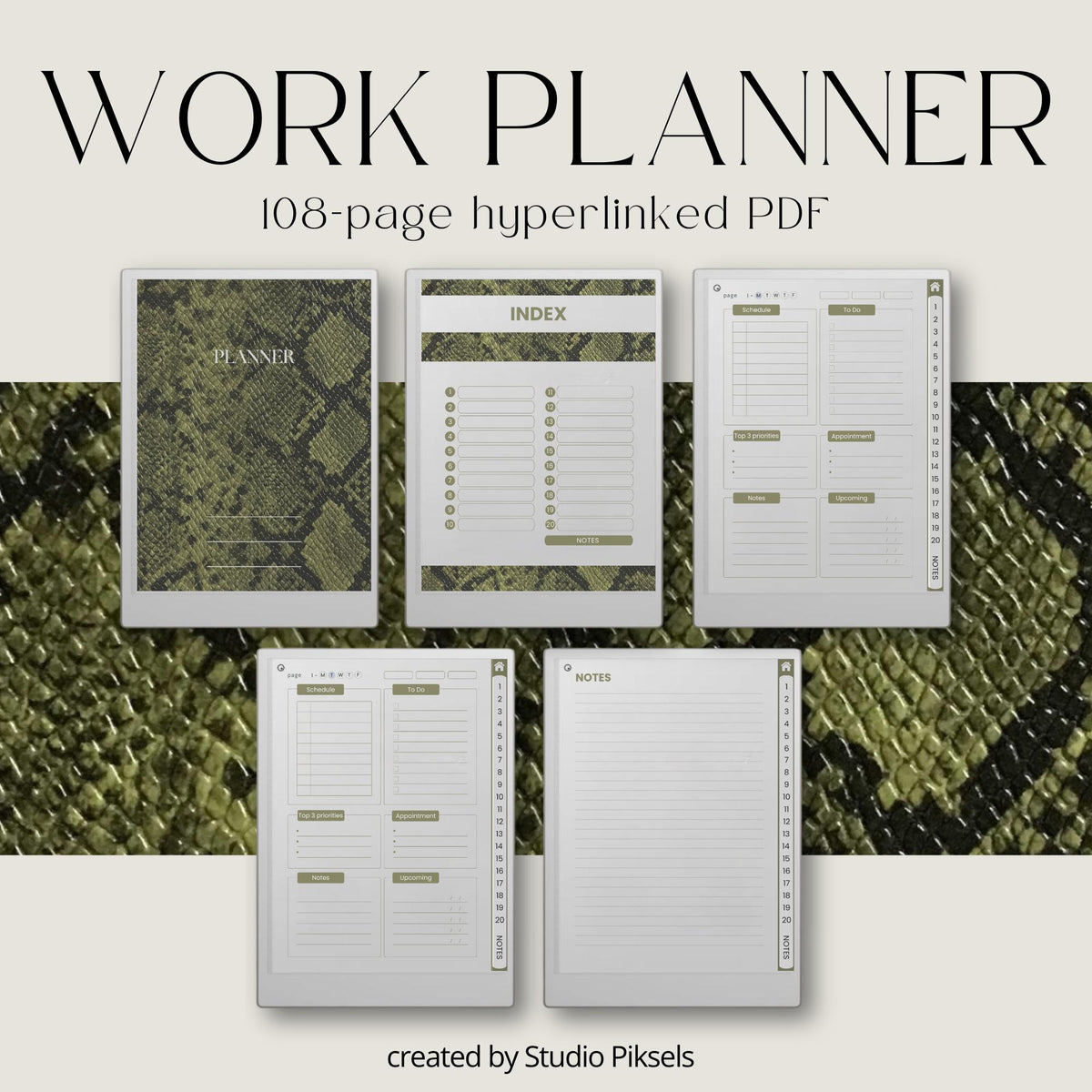 Hyperlinked work planner for reMarkable Paper Pro featuring daily task planning pages, project management layouts, business organization tools, and reusable digital productivity templates.