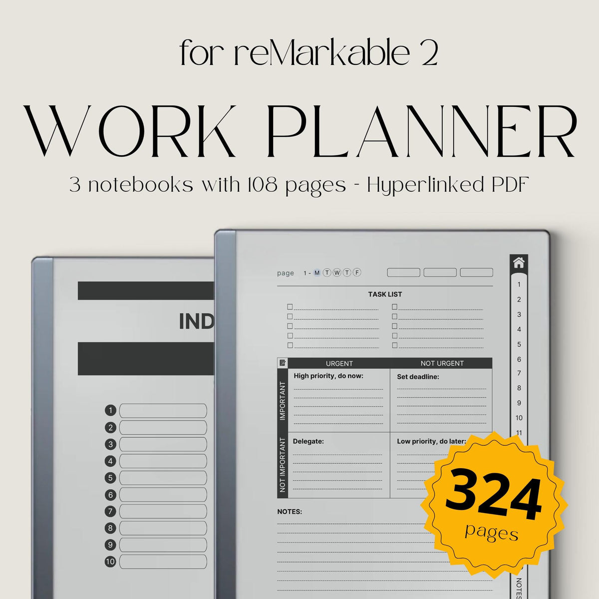 Work Planner Bundle PDF for reMarkable 2 and Paper Pure with grayscale productivity layouts, hyperlinked task planners, and workflow organization pages